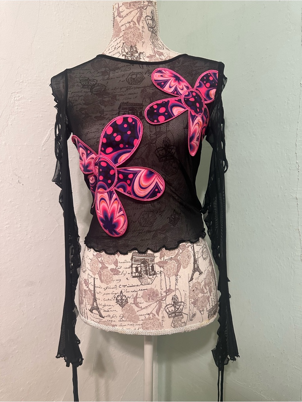 Current Mood Black Trippy Floral Mesh Long-Sleeve Top Pink Floral Appliqués Sm